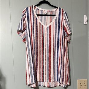 LuLaRoe Red, Blue, and White Striped V-Neck Top
